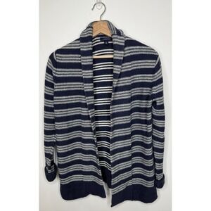 Lands End Open Cardigan Womens S Navy Stripe Nautical Coastal Knit Grandpa Cabin